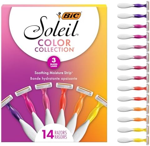 BIC Soleil 3 Colors Women's Disposable 3-Blade Razors, With Aloe Vera and Vitamin E Strip, 14-Pack