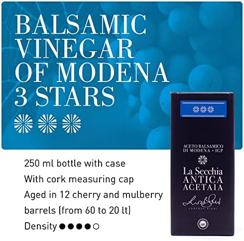 La Secchia Balsamic Vinegar of Modena PGI "Three Stars", Aged in 12 Cherry-Mulberry Barrels, Medium Density, 250 ml Bottle with Cork Pourer