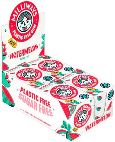 Milliways Watermelon | Plastic Free Gum | Xylitol, Aspartame-Free, Sugar-Free, Plant-Based, Natural Chewing Gum | 40 Pieces Total (4 Packs of 10 Pieces)