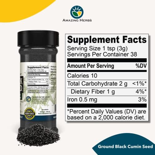 Amazing Herbs Premium Ground Black Cumin Seeds - Finely Ground Nigella Sativa, Gluten Free, Non GMO, Supports Cardiovascular Function & Preserves Digestive Health - 4 Oz