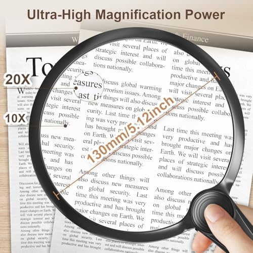 IMICHI Large 5.12" Handheld Magnifying Glass 10X/20X Lens with Eye-Care Anti-Flicker LEDs – 3 Adjustable Light Modes, Rechargeable – Perfect for Seniors, Low Vision, Reading, Crafts, Jewelry Repair