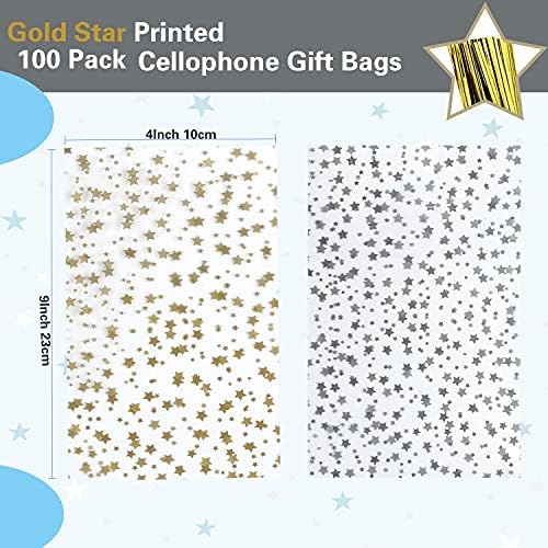 100 Pcs Star Printed 4"X 9" Gift Wrap Cello Cellophane Treat Bags Party Favor bags Clear Candy Cookie Bags Plastic Poly Goodie Storage Bags with Twist Ties for Bakery,Birthday, Wedding ,Party Decorations (Gold)