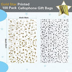 100 Pcs Star Printed 4"X 9" Gift Wrap Cello Cellophane Treat Bags Party Favor bags Clear Candy Cookie Bags Plastic Poly Goodie Storage Bags with Twist Ties for Bakery,Birthday, Wedding ,Party Decorations (Gold)