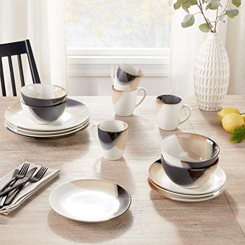 Gourmet Basics by Mikasa Caden 16-Piece Stoneware Dinnerware Set — Service for 4, Reactive Glaze, Black/Tan & White Finish, Microwave & Dishwasher Safe, Everyday & Formal Use