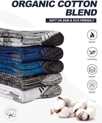 Mens Cotton Boot Crew Socks, 5 Pairs Full Cushion Socks Moisture-Wicking & Reinforced for Work Hiking Walking Outdoor