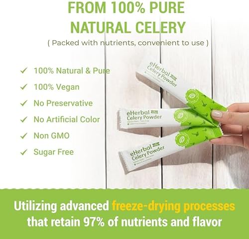 eHerbal 100% Plant based Freeze Dried Celery Powder Packets for Drink, Soups, Smoothies or Cook, 20 Convenient Packs | Simple & Natural, Easy to Mix (5g per Stick) Non-GMO Travel Size