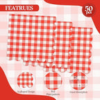50PCS Red Scalloped Gingham Paper Napkins - Red and White Striped Luncheon Napkin, Checkered Dessert Napkins, Disposable Decorations Supplies for Birthday Baby Shower Wedding Party