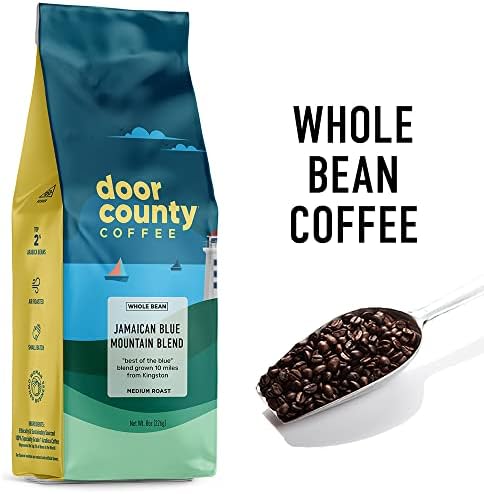Door County Coffee Jamaican Blue Mountain Blend Non-Flavored Whole Bean - 10 oz Bag - Medium Roast - 100% Specialty Arabica - Non-Flavored - Jamaican Blue Mountain Blend