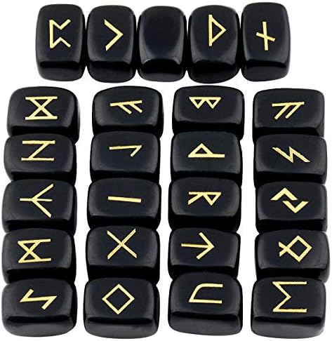mookaitedecor Black Obsidian Runes Stones Set & 6 Facted Crystal Pendulum for Divination Dowsing Meditation Balancing