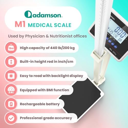 Adamson M1 Medical Scale, 440 lb/ 200 kg Capacity, BMI with Weight and Height, Professional Digital Scale for Body Weight, Home, Hospital, & Physicians, Heavy Duty - White