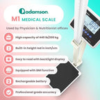 Adamson M1 Medical Scale, 440 lb/ 200 kg Capacity, BMI with Weight and Height, Professional Digital Scale for Body Weight, Home, Hospital, & Physicians, Heavy Duty - White