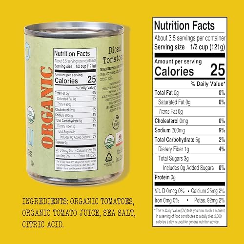 Bianco DiNapoli Organic Diced Canned Tomatoes in Puree, 14.5 Oz (Pack of 12), Vine Ripened California Grown, Perfect for Soups, Sauces, Pasta and More