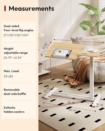SANODESK Small Rolling Overbed Table Adjustable Height with Wheels, Mobile Laptop Desk with Tilting Desktop, Portable Computer Workstation for Home Office, Classroom, Bedside, Maple