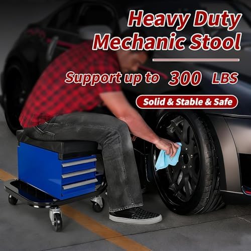 Rolling Mechanic Stool with Wheels, Creeper Seat with 3 Built-in Tool Drawers, Side Tool Tray & Rear Bottle Tray for Shop & Work, Garage Use (14" L × 15" W × 15" H)
