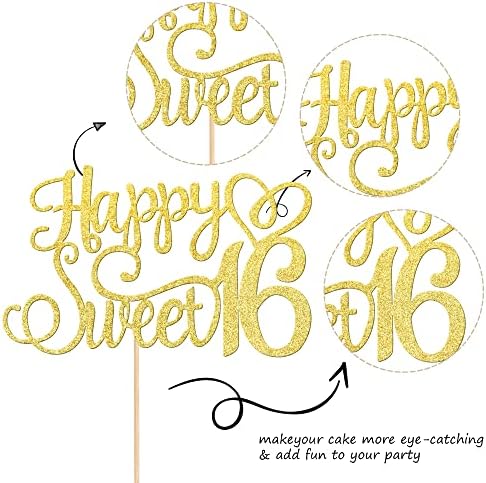 1 PCS Happy Sweet 16 Cake Topper Glitter 16th Birthday Cake Pick Cheers to 16 Years Cake Decoration for Happy 16th Birthday Anniversary Party Decorations Supplies Gold