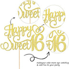 1 PCS Happy Sweet 16 Cake Topper Glitter 16th Birthday Cake Pick Cheers to 16 Years Cake Decoration for Happy 16th Birthday Anniversary Party Decorations Supplies Gold