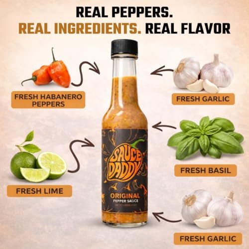 Sauce Daddy Too Hot Sauce, Lime & Basil Organic Sauce with Low Sugar, Gluten Free & Containing Garlic, Vinegar, Habanero, Serranos, Lime Juice makes an American Made Hottest Hot Sauce. (5 Fl Oz)