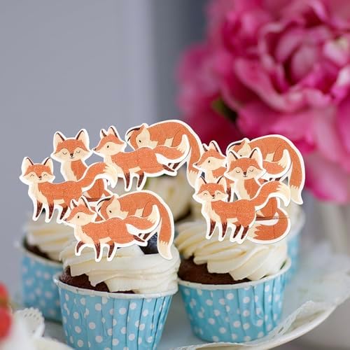 56 Pack Edible Fox Cupcake Toppers Woodland Animal Cupcake Picks Water Paper Animal Baby Shower Cupcake Decorations for Woodland Animal Themed Baby Shower Birthday Party Supplies
