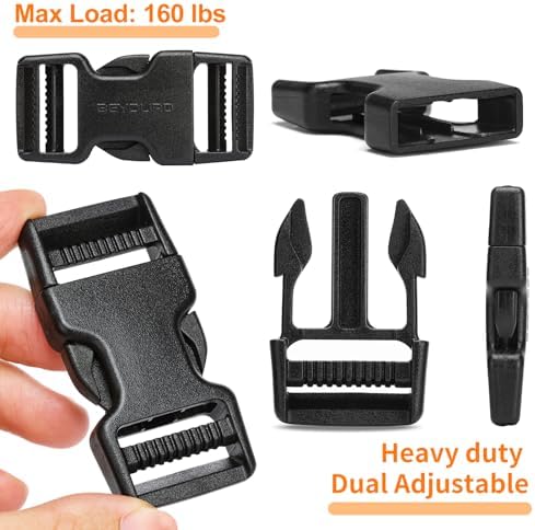 Buckles and Straps Set 1": 6 Yards of Thick Nylon Webbing, 6-Pack Heavy Duty Adjustable Quick Side Release Plastic Buckles, 12 Tri-Glide Slide Clips, Black (1-Inch Combo Set)