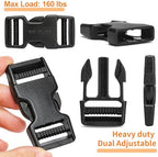 Buckles and Straps Set 1": 6 Yards of Thick Nylon Webbing, 6-Pack Heavy Duty Adjustable Quick Side Release Plastic Buckles, 12 Tri-Glide Slide Clips, Black (1-Inch Combo Set)