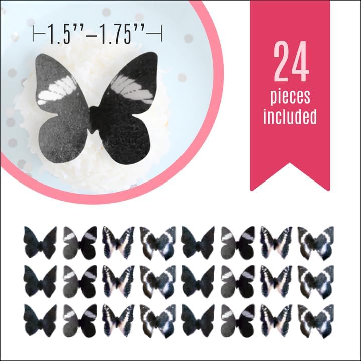 Sugar Robot Inc. Edible Butterflies Small Size Premium Crafted Made in the USA Cake and Cupcake Toppers, Decoration (black) set of 24