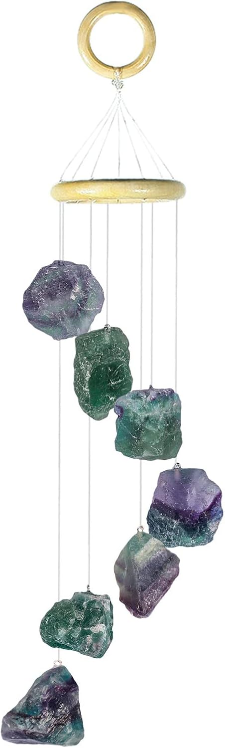 Fluorite Raw Stone Wind Chime with Wooden Hanging Circle Boho Patio Home Garden Windows Wall Ornament