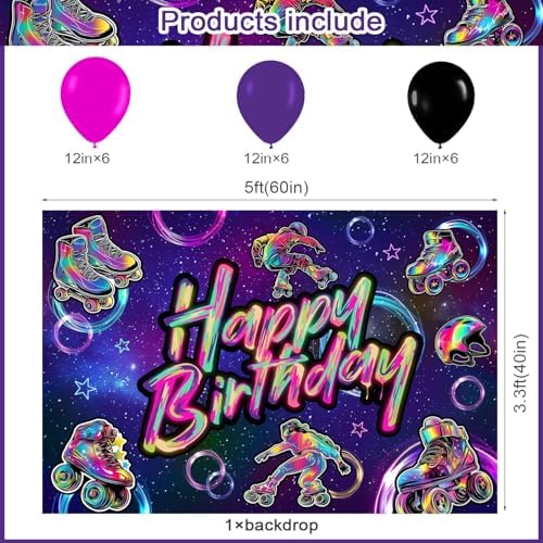 59 Pcs Roller Skating Birthday Party Supplies, Roller Skate Themed Party Decoration Backdrop Balloons Cake Cupcake Topper for Let’s Roll Themed Birthday Party Decor