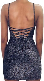 Women's Sexy Glitter Spagetti Straps Lace Up Back Bandage Bodycon Mini Club Party Dress