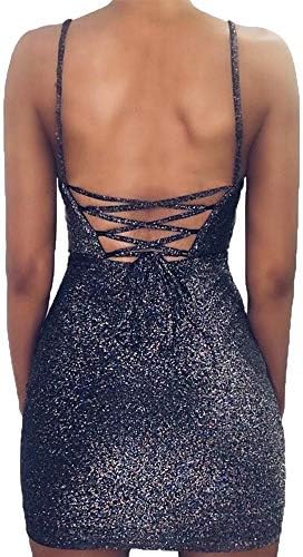 Women's Sexy Glitter Spagetti Straps Lace Up Back Bandage Bodycon Mini Club Party Dress