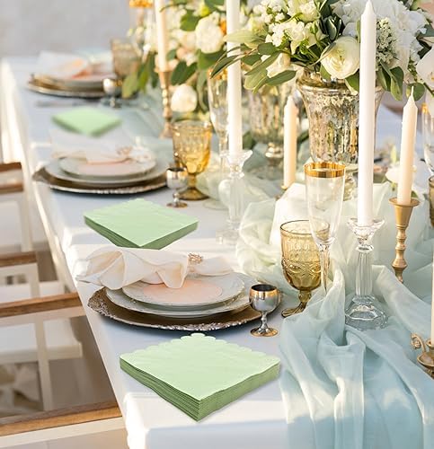 HEIPINIUYE 50 Pieces 2-ply Sage Green Napkin Disposable Scalloped Cocktail Napkins Beverage Napkins Dessert Napkins Paper Napkins for Wedding Birthday Party Paper Dinner Napkins