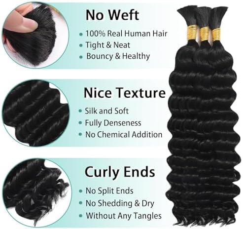 Human Braiding Hair for Boho Braids Human 110g 20 Inch Curly Boho Hair for Braiding Knotless 12A Deep Wave Bulk Bohemian 3 Bundles/Pack Natural Color
