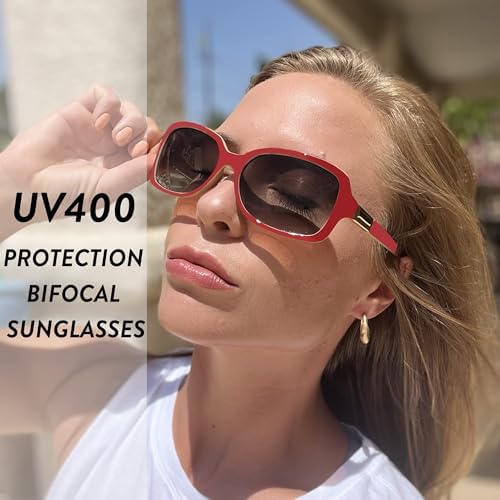 JM Classic Bifocal Reading Glasses Square Stylish Gradient Sunglasses Readers for Women +2.5 Red