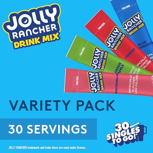 Jolly Rancher Singles To Go Variety Pack, Powdered Drink Mix, Zero Sugar, Low Calorie, Includes 4 Flavors: Green Apple, Blue Raspberry, Cherry, Watermelon, 1 Box (30 Single Servings)