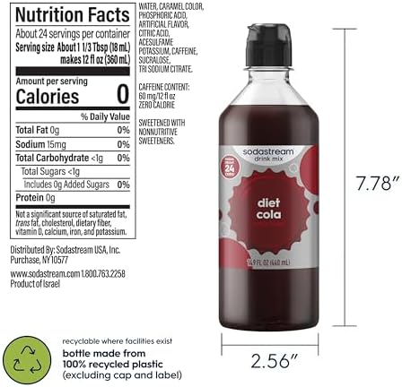 SodaStream Classics Diet Cola New Pour Bottle, 14.9 Fl Oz, Pack of 4