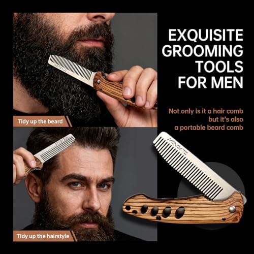 1PC Small Folding Pocket Beard & Mustache & Hair Styling Comb for Men - Metal Tactical Grooming Tool with Wooden Handle, with 180° Rotatable for Outdoor Travel & Home Use - Length 6.57inch