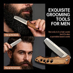 1PC Small Folding Pocket Beard & Mustache & Hair Styling Comb for Men - Metal Tactical Grooming Tool with Wooden Handle, with 180° Rotatable for Outdoor Travel & Home Use - Length 6.57inch