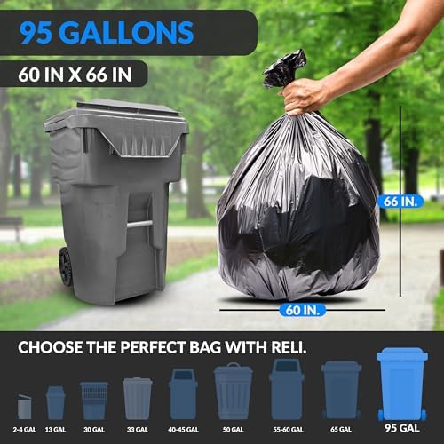 Reli. 95 Gallon Trash Bags Heavy Duty (15 Count) | Black | Twist Ties Included | Extra Tough, Leak-Proof Garbage Bags | Ideal for Large Clean Ups