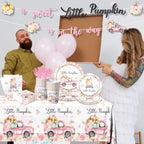 Little Pumpkin Baby Shower Party Decorations Tableware,142Pcs A Sweet Little Pumpkin is On The Way Girl Pink Floral Truck Disposable Tablecloth,Plates,Napkins for Autumn Fall Thanksgiving Supplies
