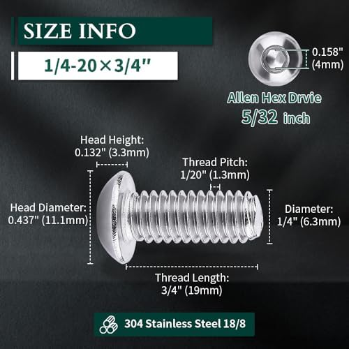 1/4-20 x 3/4" Button Head Socket Cap Bolts Screws, 304 Stainless Steel 18-8, Allen Hex Drive, Bright Finish, Fully Machine Thread, Pack of 25