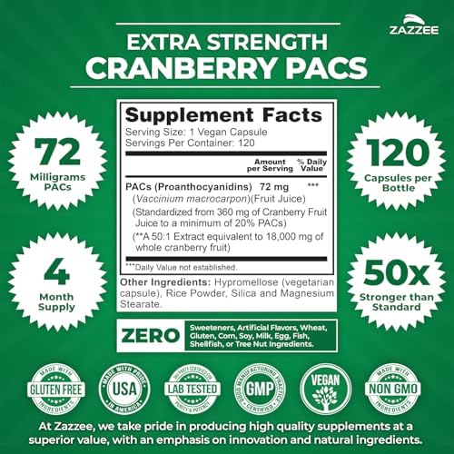 Zazzee Cranberry PACs 72 mg per Capsule, 50:1 Extract, 120 Vegan Capsules, 2X Strength, 4 Month Supply, Fast-Acting, Effective Urinary Tract & Bladder Support, 100% Soluble PACs, Made in the USA