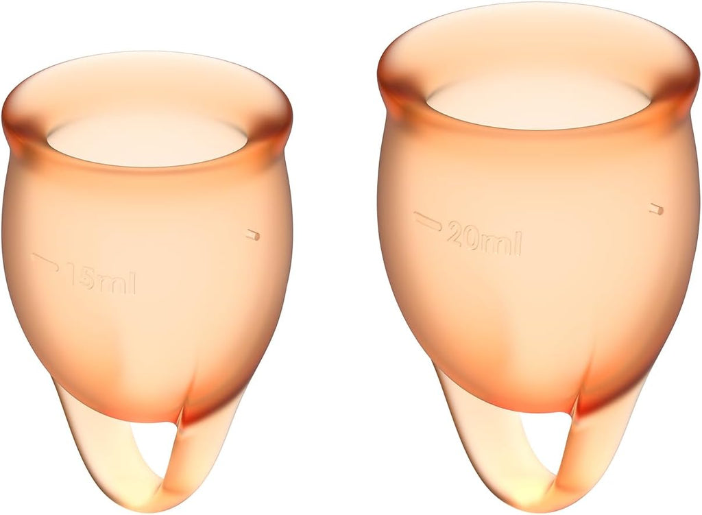 Satisfyer Feel Confident Menstrual Cup - Reusable Period Cup with Removal Ring - Soft, Flexible Body-Safe Silicone, Easy Insertion & Removal - Includes 2 Cup Sizes for All Flows (Orange)