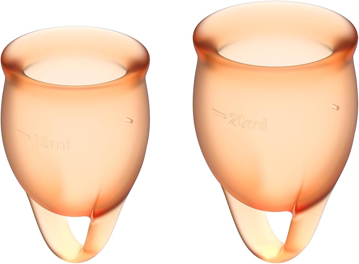 Satisfyer Feel Confident Menstrual Cup - Reusable Period Cup with Removal Ring - Soft, Flexible Body-Safe Silicone, Easy Insertion & Removal - Includes 2 Cup Sizes for All Flows (Orange)