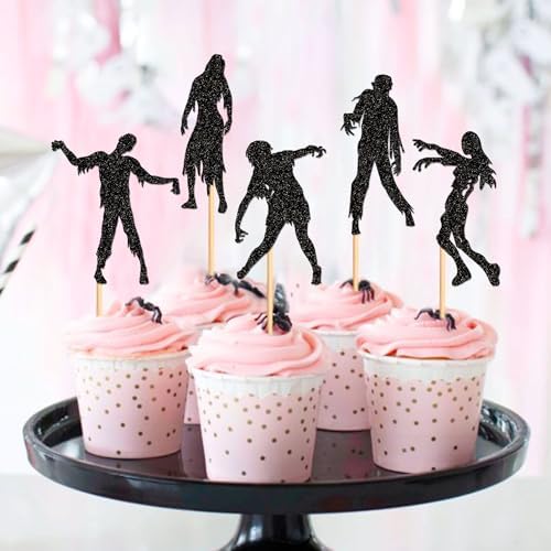 Ercadio 25PCS Halloween Zombie Cupcake Topper Black Glitter Fantasy Horror Theme Decor Picks for Halloween Theme Birthday Party Cake Decorations Supplies