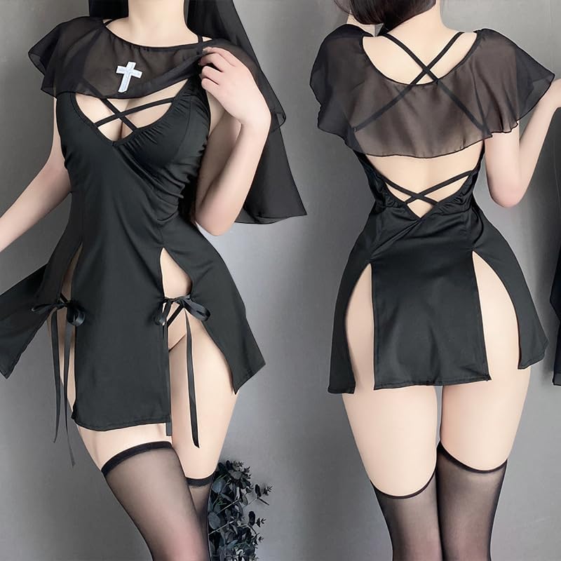 Nun Costume Sexy Nun Outfit Cosplay Nun Lingerie Anime Roleplay Outfit Naughty Nun Dress Halloween Costumes for Women Black