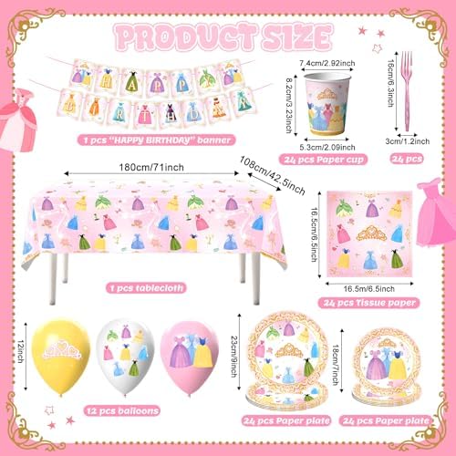 134Pcs Princess Birthday Party Decorations for Princess Party Decorations Supplies, Serves 24 Guests