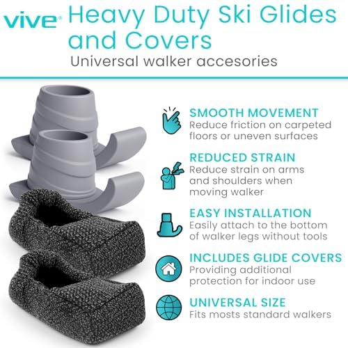Vive Walker Ski Glides and Covers (4 PCS) - Senior & Elderly Accesories for Folding Walkers - Feet Sliders for Back Legs - Replacement Part, Slides Easily - Gliders for Hardwood Floor & Outdoor Use