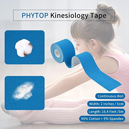 PHYTOP Kinesiology Tape 2" X 16.4', Sports Tape Athletic Kinesiology (2 Rolls Blue) Pain Relief of Muscles & Joint, Recovery Sports Injuries