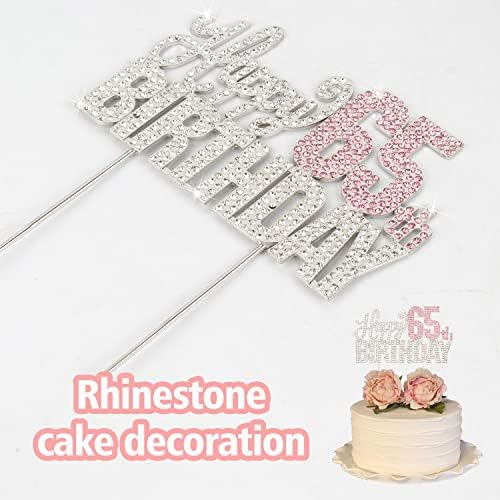 Happy 65th Birthday Silver & Pink Rhinestone Cake Topper - Cheers to 65 Years Old 65th Bday Metal Sparkly Cake Centerpieces Topper Decorations Sign.