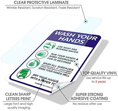 Please Wash Your Hands Sign Stickers, 4 Pack 7x10 Inch 4 Mil Self-Adhesive Vinyl, Weatherproof and UV Protected, Indoor & Outdoor, Employees Hand Washing Sign