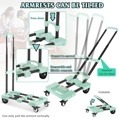 Heavy-Duty 500LB Capacity Hand Truck with One-Touch Retractable Handle & Extendable Plate, Portable Collapsible Dolly Cart with 4 Wheels w/Brakes Folding Luggage Cart for Travel/Home Use, Green